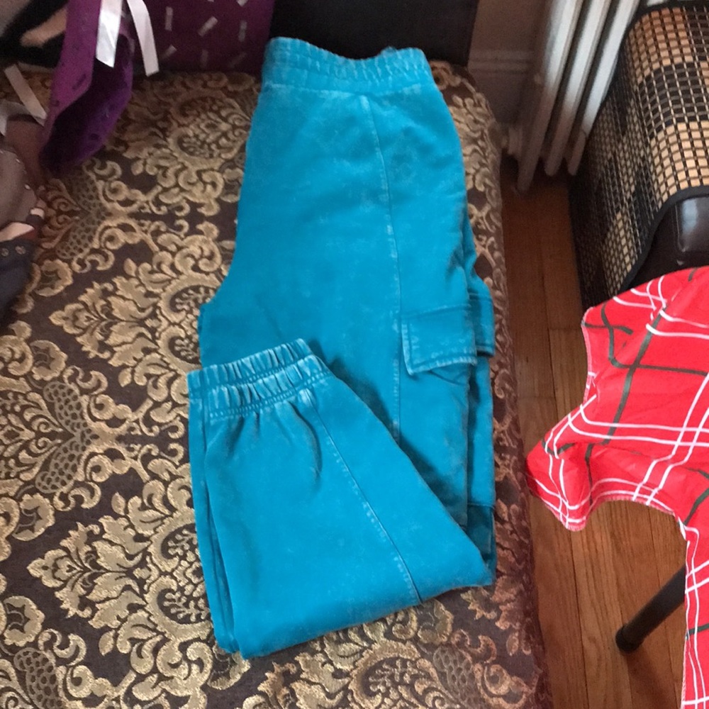 High rise distressed joggers. Blue-green. Teal color.loose fit - Picture 6 of 11
